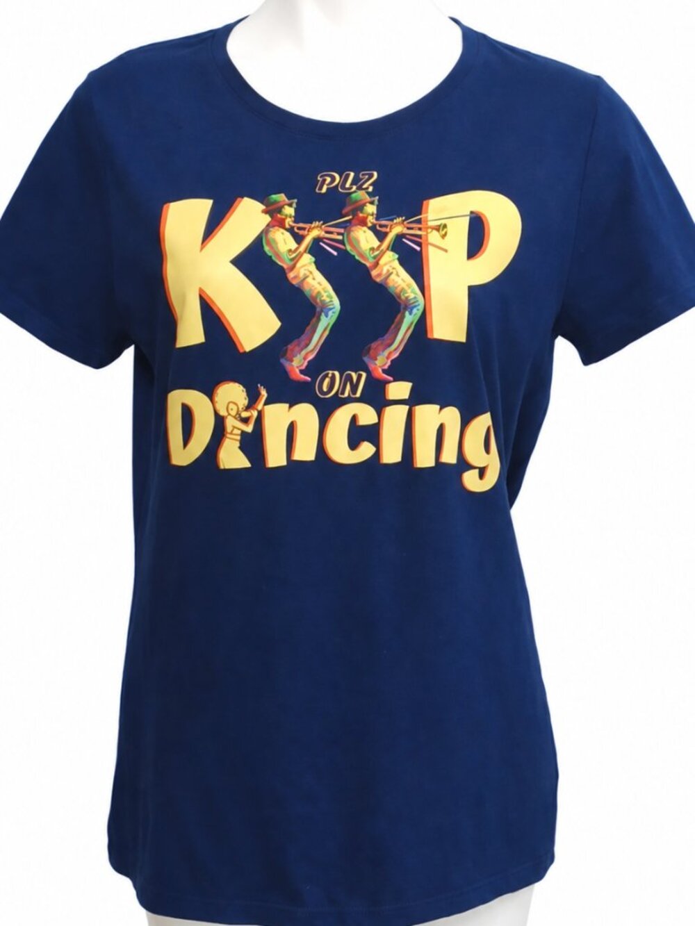 MEDIUM Cotton Women’s Navy Keep On Dancing Retro Trumpet Music Graphic T-Shirt